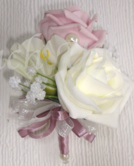 Vintage Pink & Ivory Rose & Freesia Corsage with dusky pink ribbon